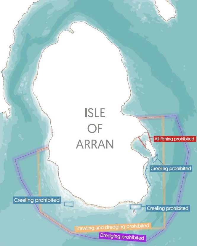 A map showing the marine protected areas around the south coast of the Isle of Arran.