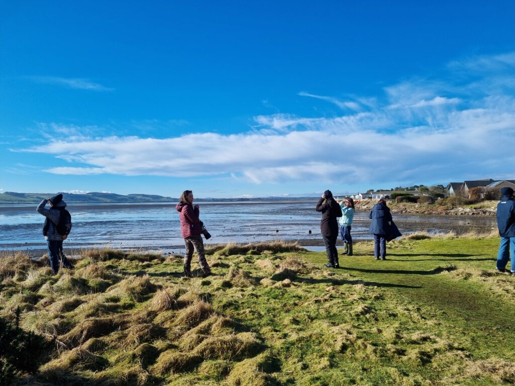 Looking out across a grassy beach-head with the sea in the distance beneath a bright blue sky. A few people are stood on the grass facing out to sea.