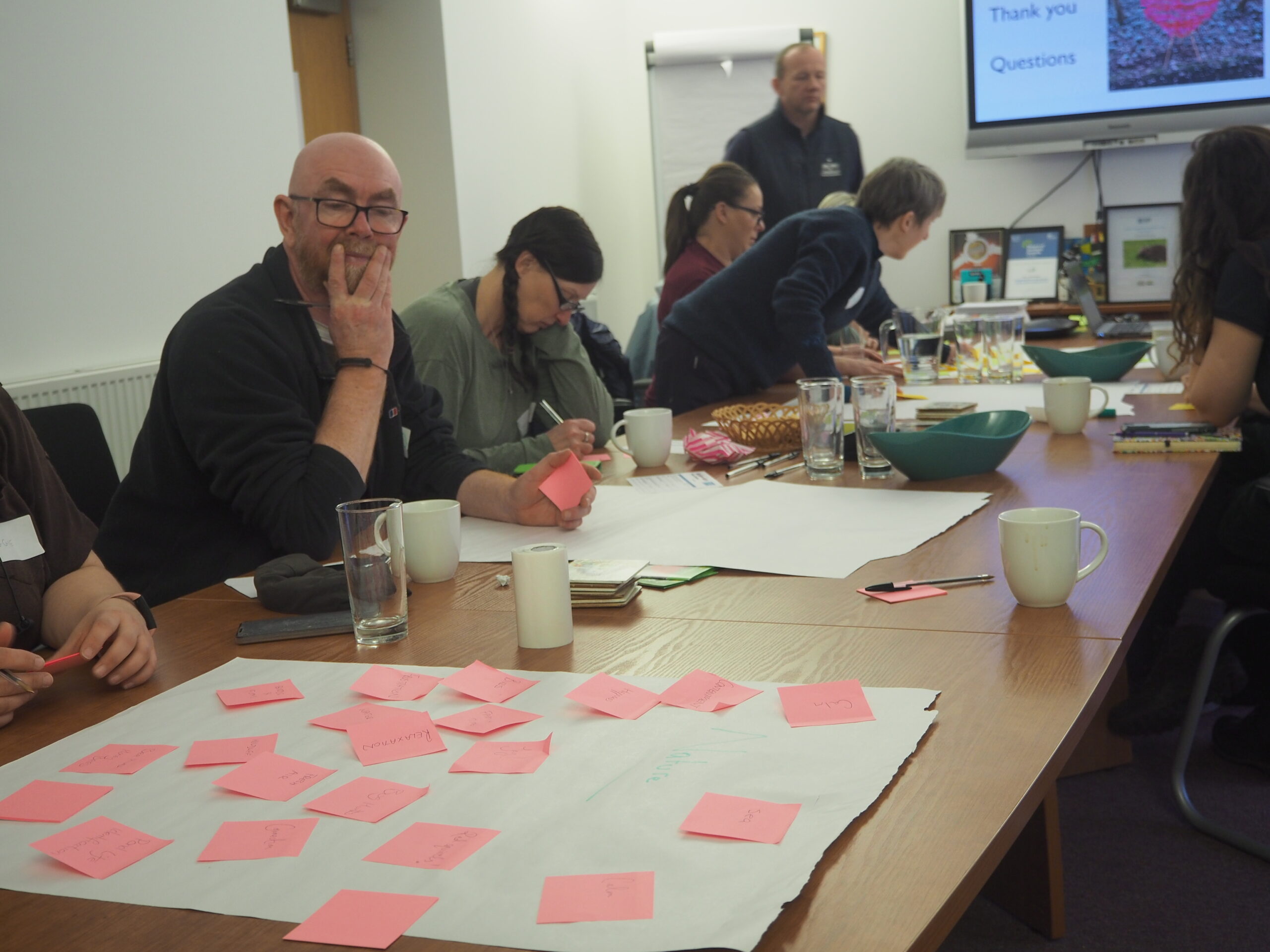 People sat on one side of a long table writing on large pieces of paper and post-it notes